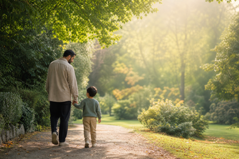 Father and young child walking hand in hand along a leafy path, representing a Muslim parent’s care and guardianship planning.