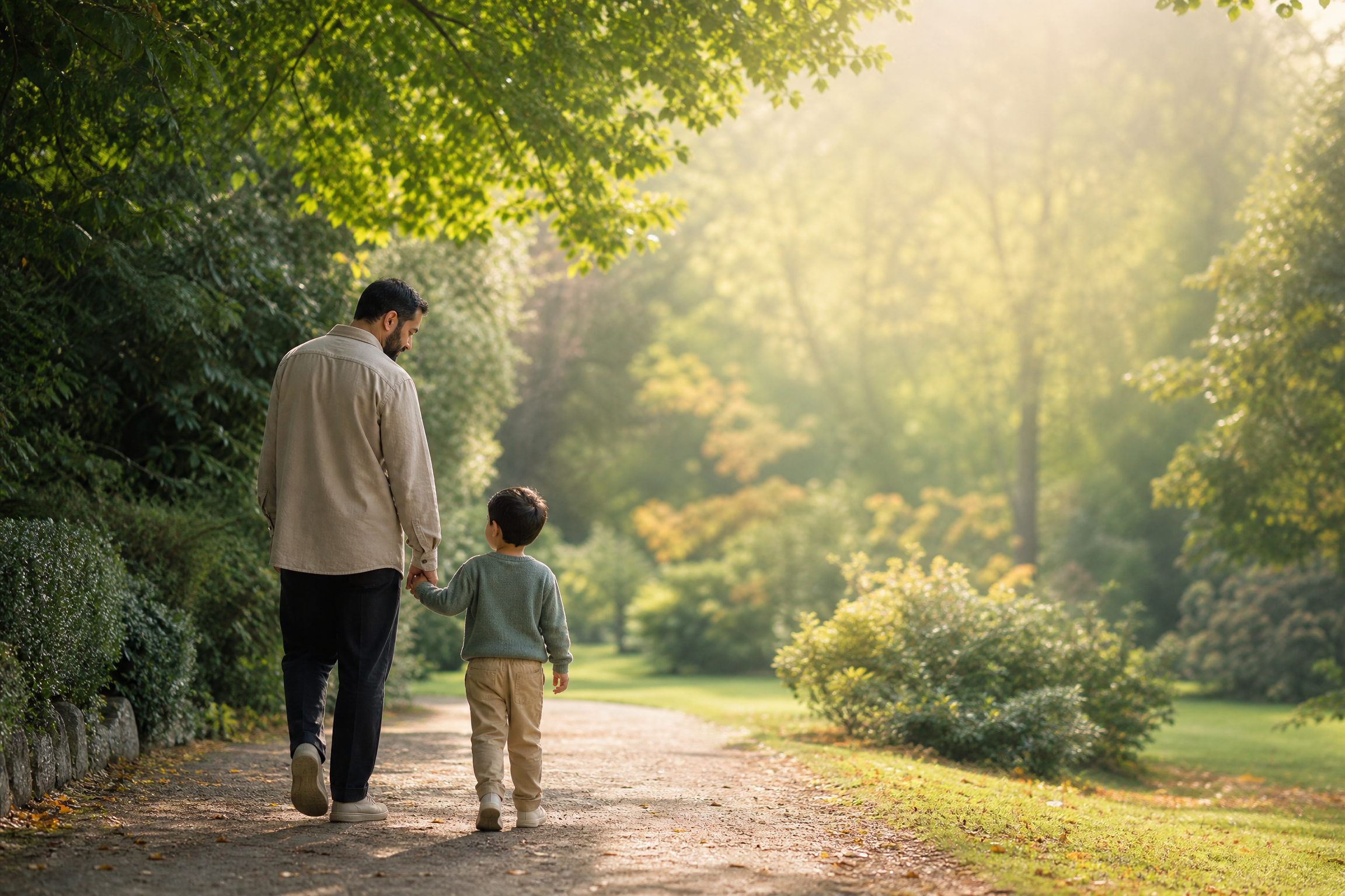 Father and young child walking hand in hand along a leafy path, representing a Muslim parent’s care and guardianship planning.