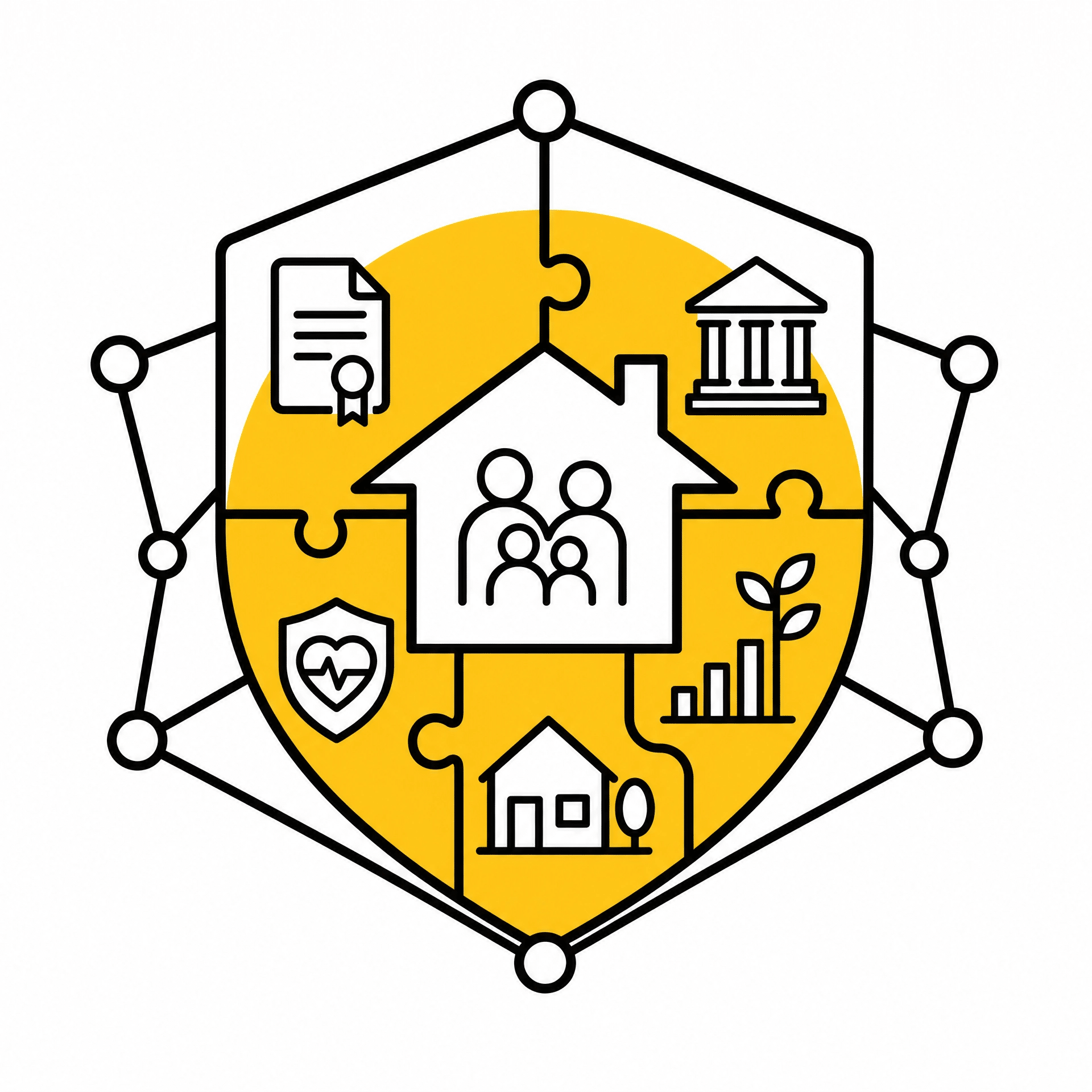 Connected estate-planning symbols representing joined-up planning