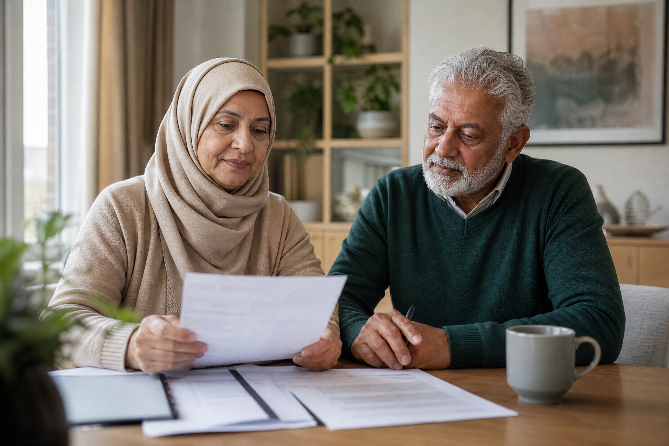 Muslim family reviewing estate planning documents at home