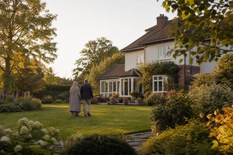 Mature Muslim couple walking through a garden towards their family home