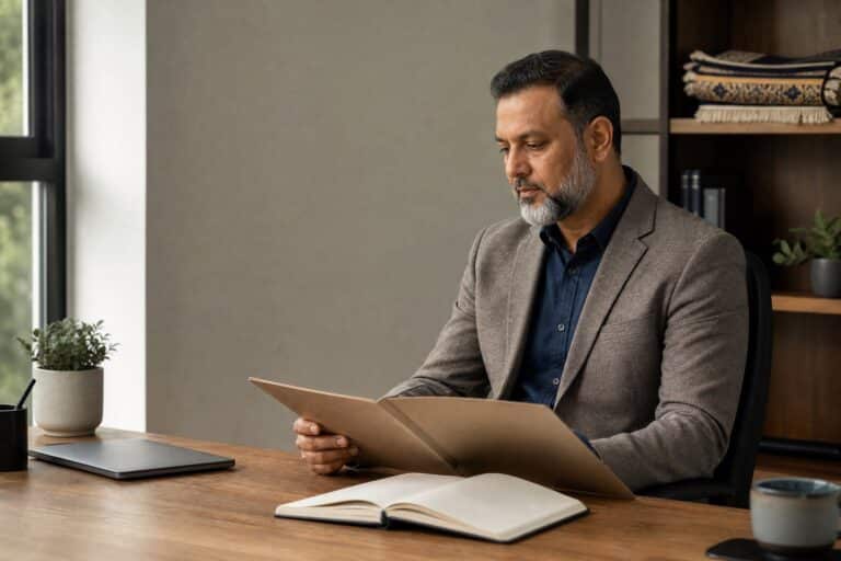 Muslim business owner reviewing company succession documents at an office desk