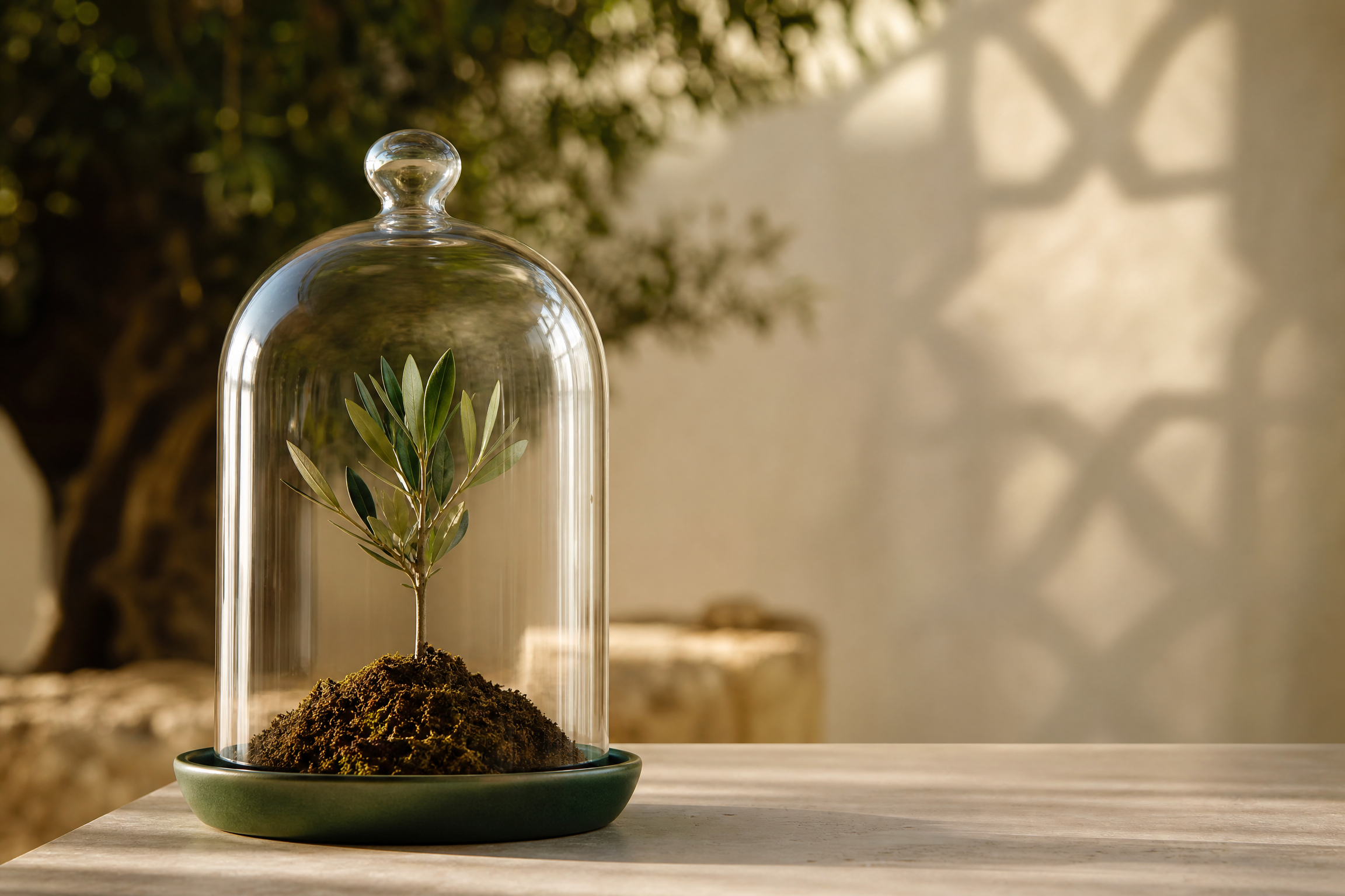 Young olive sapling growing beneath a clear glass cloche on a deep-green base, representing the careful protection of a vulnerable beneficiary’s inheritance.