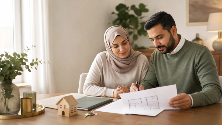 Muslim couple reviewing joint property documents at home.