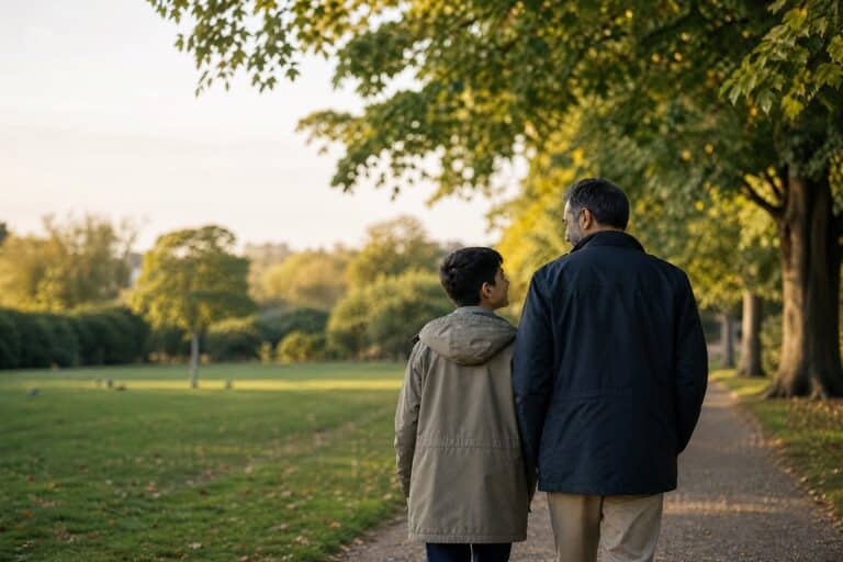Muslim father and child walking together in a peaceful British park