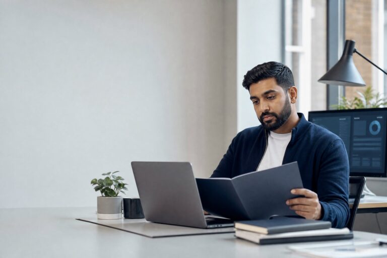 Muslim tech entrepreneur reviewing a business continuity plan beside a laptop in a modern office
