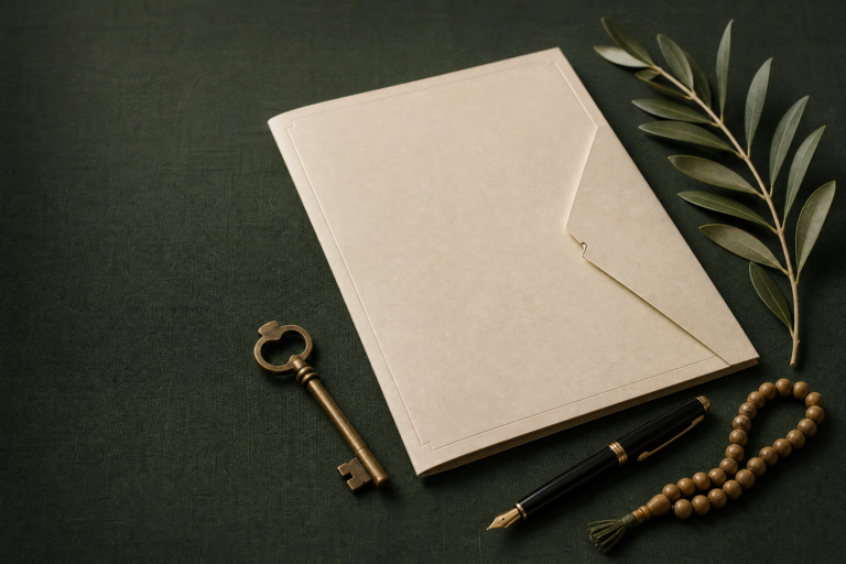 Unbranded cream document folder on a dark green surface with a brass key, fountain pen, wooden prayer beads and an olive branch, representing Islamic estate planning and legacy.