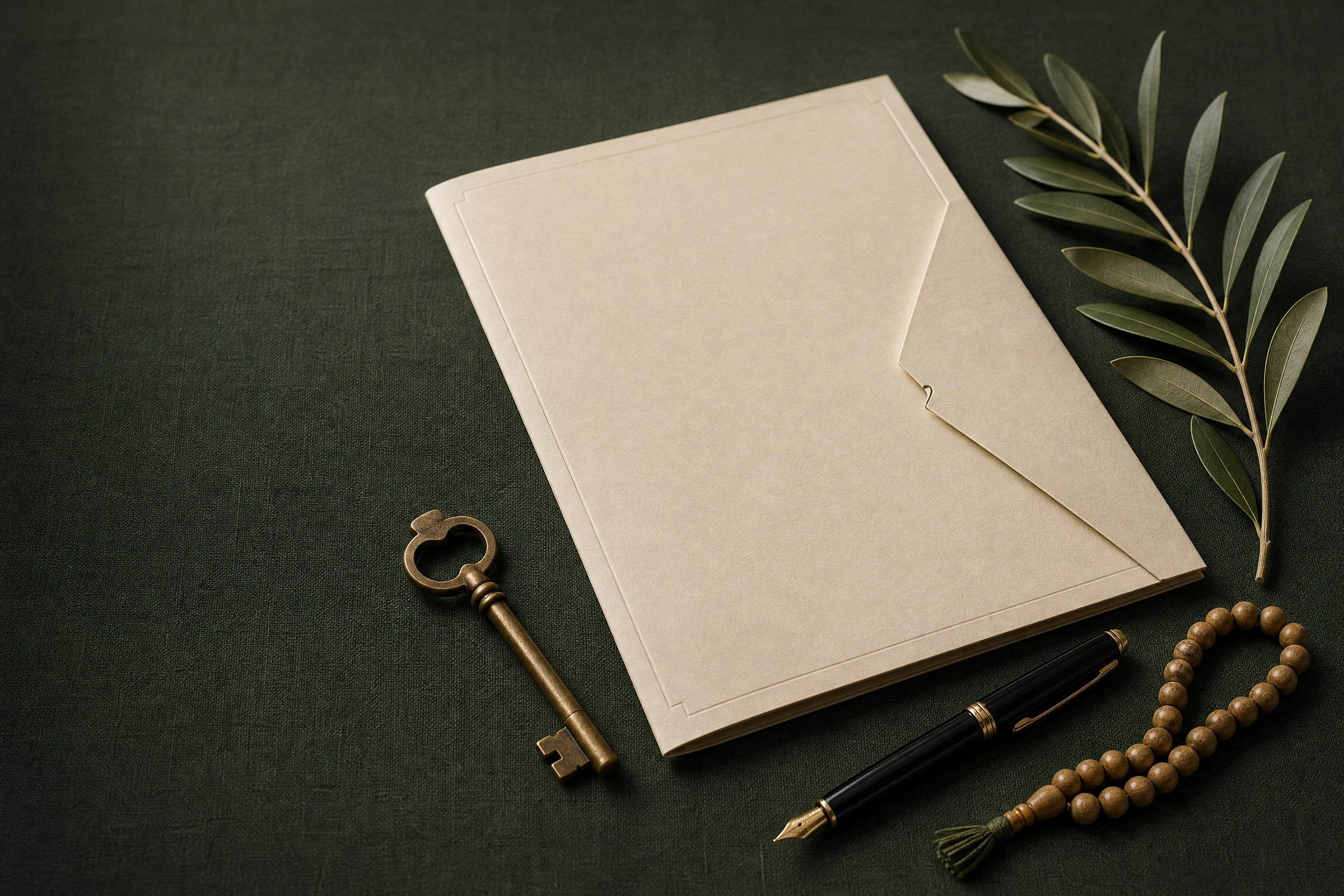 Unbranded cream document folder on a dark green surface with a brass key, fountain pen, wooden prayer beads and an olive branch, representing Islamic estate planning and legacy.